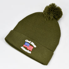 Load image into Gallery viewer, “God Bless America” w/ American Flag in Olive Green Pom-Pom Knit Cap