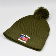 Load image into Gallery viewer, “God Bless America” w/ American Flag in Olive Green Pom-Pom Knit Cap