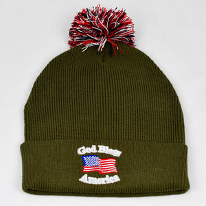 “God Bless America” w/ American Flag & RWB Pom-Pom Olive Green Knit Cap