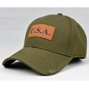 "USA" w/ Embossed Leather Patch in Olive Green