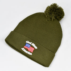 “God Bless America” w/ American Flag in Olive Green Pom-Pom Knit Cap