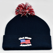 Load image into Gallery viewer, “God Bless America” w/ American Flag &amp; RWB Pom-Pom Navy Blue Knit Cap