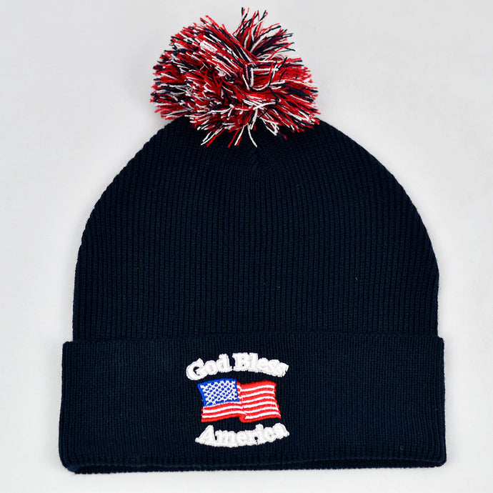 “God Bless America” w/ American Flag & RWB Pom-Pom Navy Blue Knit Cap
