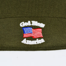Load image into Gallery viewer, “God Bless America” w/ American Flag &amp; RWB Pom-Pom Olive Green Knit Cap