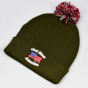 “God Bless America” w/ American Flag & RWB Pom-Pom Olive Green Knit Cap