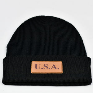 "USA" w/ Embossed Leather Patch on Black Knit Skull Cap