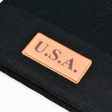 Load image into Gallery viewer, &quot;USA&quot; w/ Embossed Leather Patch on Black Knit Skull Cap
