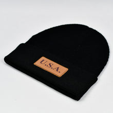 Load image into Gallery viewer, &quot;USA&quot; w/ Embossed Leather Patch on Black Knit Skull Cap