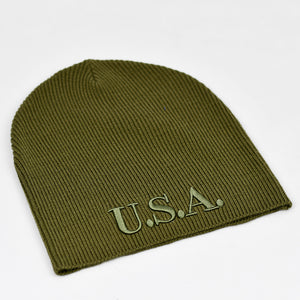 "U.S.A." Olive Green Knit Cap